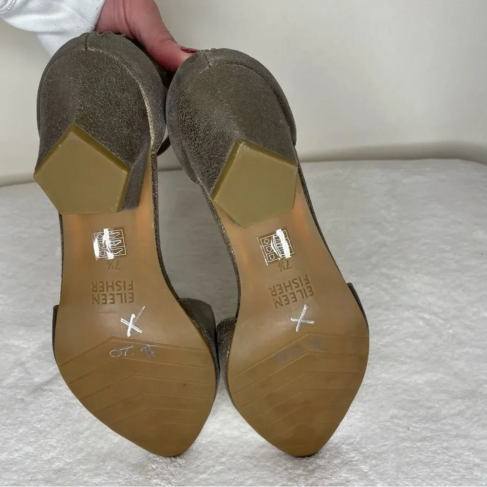 Eileen Fisher Heels Metallic Leather Ankle Strap Zip Back Pumps Gold Size 7.5